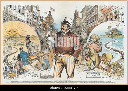 Vintage 1890s Jewish migration to USA America "Their New Jerusalem". 1892 cartoon from Judge magazine, showing Jewish people driven from Russia by persecution, coming to New York City in rags and becoming prosperous due to their "Perseverance and Industry" Their New Jerusalem” is a political cartoon published in 1892 in Judge magazine, a popular American satirical weekly. The illustration reflects the anti-immigrant and anti-socialist sentiments common in the United States during the late 19th century. "New Jerusalem" is portrayed as a dystopian socialist or anarchist society. Stock Photo