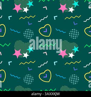 Vibrant retro seamless pattern in Memphis style featuring hearts, zigzag, and abstract geometric shapes on a green background. Perfect for textiles, w Stock Vector