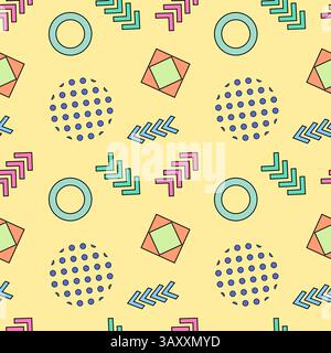 Seamless pattern in Memphis style featuring abstract geometric shapes with arrows, circles, dotted elements on a soft yellow background. Perfect for t Stock Vector