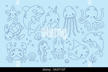 Blue outline underwater animal collection including narwhal, octopus, dolphin, and turtle, perfect for kids’ marine activity sheets and sea creature Stock Vector