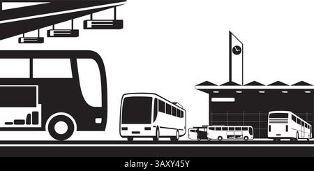 Buses arrive and depart at station - vector illustration Stock Vector