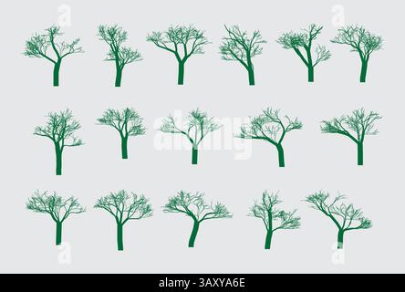 Green Silhouette Leafless Winter Trees Vector Set Stock Vector