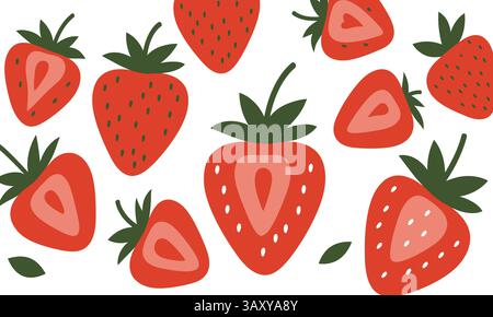 Bold Hand‑Drawn Strawberries & Halves Pattern, Strawberry Illustration Stock Vector
