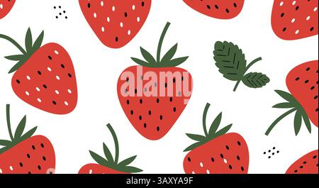 Hand‑Drawn Strawberry & Mint Leaves Seamless Pattern Stock Vector