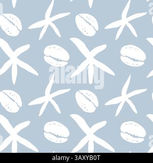 White cowrie shells and starfish pattern on light blue background in hand drawn filled style for beach summer decor Stock Vector