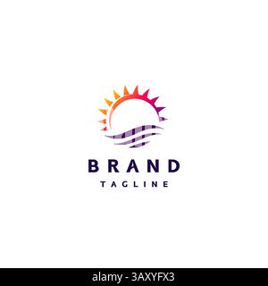 The Sun Sets Over the Sea Logo Design. Sun Symbol Above Water Surface Logo Design. Stock Vector