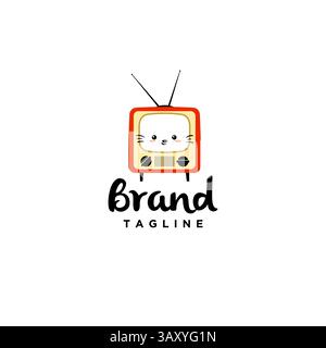 Playful Cat Channel Logo Design. Cute Cats On Television Screen Logo Design. Stock Vector
