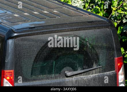 Rear Perspective: Dusty Window of a Peugeot Expert Tepee Stock Photo