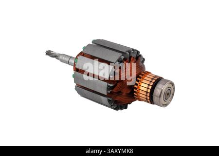 Electric DC motor rotors with copper commutator and coil wire winding isolated on white background. Magnet engine isolated.  Starter anchor motor. Stock Photo