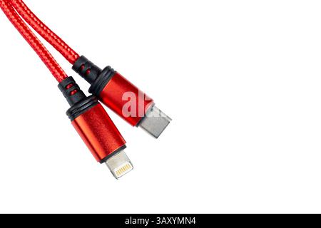 Red USB Type C cable isolated on white  background. Mobile phone charging cable. White Type C cable for charging a smartphone isolated Stock Photo