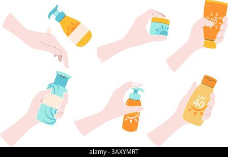 Set of hands holding various sunscreen products, including sprays, lotions, and SPF labels.  Stock Vector