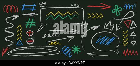 Colorful chalk doodle elements on blackboard - frames and borders, arrows and crowns, hash or number sign, asterisk, circles and scribbles. Hand drawn sketch shapes set on school chalkboard. Stock Vector