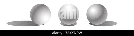 Stipple shading spheres with light direction and shadow. 3D balls drawn with dense dotwork and granular halftone patterns. Pointillism style grayscale gradients and shading for pencil sketch effect. Stock Vector