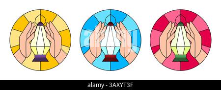 Stained glass hands holding kerosene lamps set - human palms cradling glowing vintage oil lanterns in round windows. Yellow, blue and pink mosaic circles with luminous light sources, linear style. Stock Vector