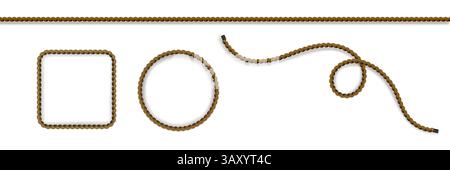 Rope string tie - brown wavy lines, shapes and frames. Twisted cables in spiral forms, curved borders, decorative design textured threads pattern, winding strands ornament framing material set. Stock Vector