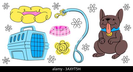Pet supplies colorful vector illustrations - cute dog, travel carrier and plush bed, food bowl and leash handle, chewing rope toy. Bright hand drawn elements animal shop advertising, pet care design. Stock Vector