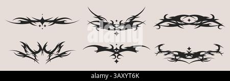 Neo tribal tattoo set - black symmetric decorative ethnic graphic elements collection. Stylized thorny patterns, swirling pointed shapes, ornamental abstracted designs for body art inspiration. Stock Vector