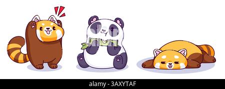 Kawaii panda characters expressing emotions - cheerful red panda waving happily, curious bear cub sitting and eating green bamboo, sleepy panda lying lazily. Cute adorable cartoon animal mascots. Stock Vector