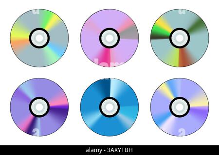 Displaying six vibrant compact discs on white background, diverse formats of data storage and colorful spectrum of digital media technology Stock Vector