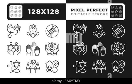 Basic human rights pixel perfect line black and white line icons set Stock Vector