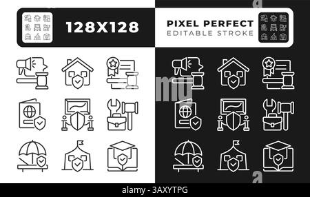 Human right protection pixel perfect line black and white line icons set Stock Vector
