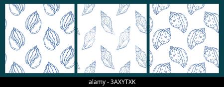 Patterns of seashell illustrations in blue ink on white background in a repeated design Stock Vector