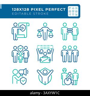Equal human rights pixel perfect two color line icons set Stock Vector