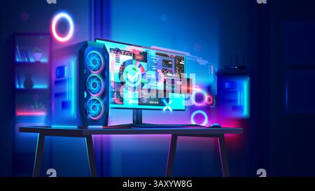 Computer. Powerful modern desktop computer or PC case with RGB lighting on desk in neon lights dark room. PC of software developer or engineer with de Stock Vector