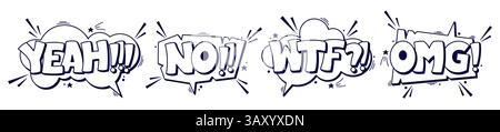 Black and white speech bubbles with words yeah, no, wtf, omg words. Stock Vector