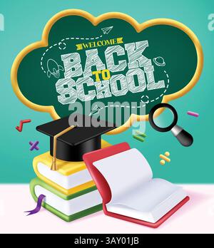 Welcome back to school greeting clipart poster design. School text in cloud chalkboard clip art with colorful reading books, mortar board Stock Vector