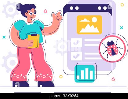 Bugs Tracking Tool Vector Illustration Featuring Mobile Phone Protection from Computer Viruses in a Website Security Flat Style Cartoon Background Stock Vector