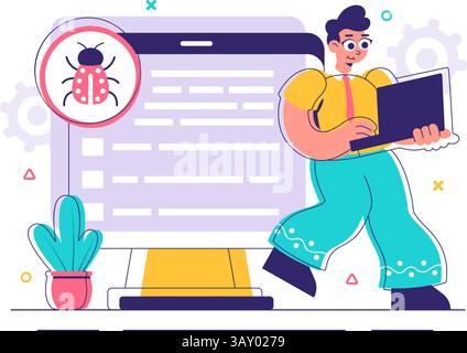 Bugs Tracking Tool Vector Illustration Featuring Mobile Phone Protection from Computer Viruses in a Website Security Flat Style Cartoon Background Stock Vector