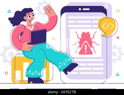 Bugs Tracking Tool Vector Illustration Featuring Mobile Phone Protection from Computer Viruses in a Website Security Flat Style Cartoon Background Stock Vector
