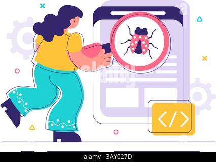 Bugs Tracking Tool Vector Illustration Featuring Mobile Phone Protection from Computer Viruses in a Website Security Flat Style Cartoon Background Stock Vector
