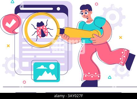 Bugs Tracking Tool Vector Illustration Featuring Mobile Phone Protection from Computer Viruses in a Website Security Flat Style Cartoon Background Stock Vector