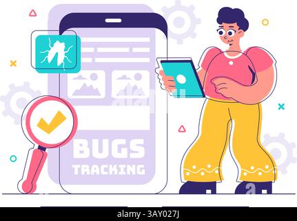 Bugs Tracking Tool Vector Illustration Featuring Mobile Phone Protection from Computer Viruses in a Website Security Flat Style Cartoon Background Stock Vector