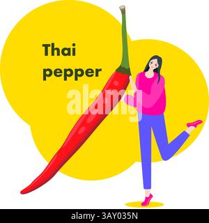 A woman holds Thai pepper. Chili peppers. Isolated vector illustration. Stock Vector