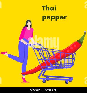 A woman holds cart with Thai pepper. Chili peppers. Isolated vector illustration. Stock Vector