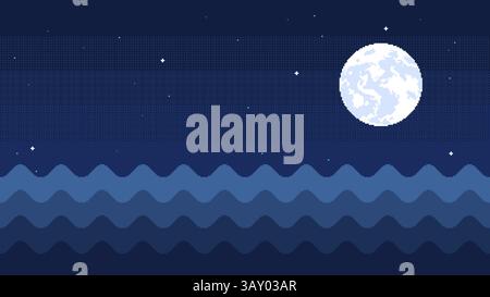 Pixel art seascape at night with moon and stars. Sea waves game scene, vector seamless background Stock Vector