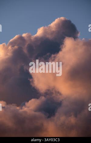evening sunlight cast a pink hue over gathering Cumulus clouds on a spring day, Worcestershire, England. Stock Photo