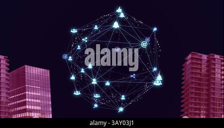 Image of globe of digital network of connections with icons over pink 3d cityscape model Stock Photo