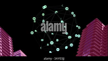 Image of globe of digital network of connections with icons over pink 3d cityscape model Stock Photo