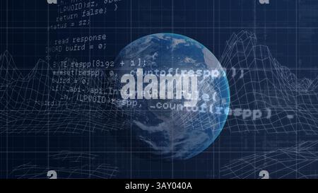 Earth globe spinning in digital 3D render, showing wireframe grid and code overlay for technology Stock Photo