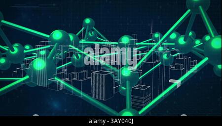 Neon-green network overlay is connecting wireframe city buildings in 3D render for technology Stock Photo