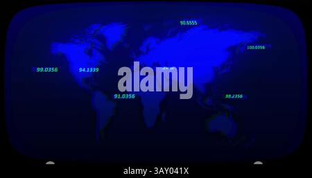 Displaying digital flat design world map graphic with grid and green numeric points for technology Stock Photo