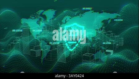 Neon-green shield enclosing lock is being shown in 3D network with wireframe blocks, cybersecurity Stock Photo