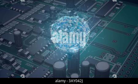 3D-rendered holographic brain is hovering above green PCB with capacitors and ICs, technology theme Stock Photo