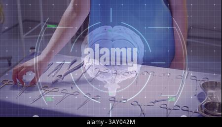 Flat design medical professional is using surgical tools under brain hologram in health technology Stock Photo