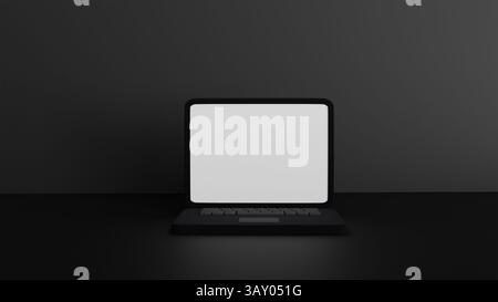 3D model of black laptop with blank white screen on black background, template for mockup concept Stock Photo