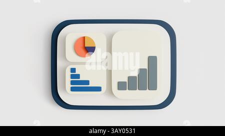 3D infographic with pie chart, bar chart and line graph on light background, data statistics Stock Photo